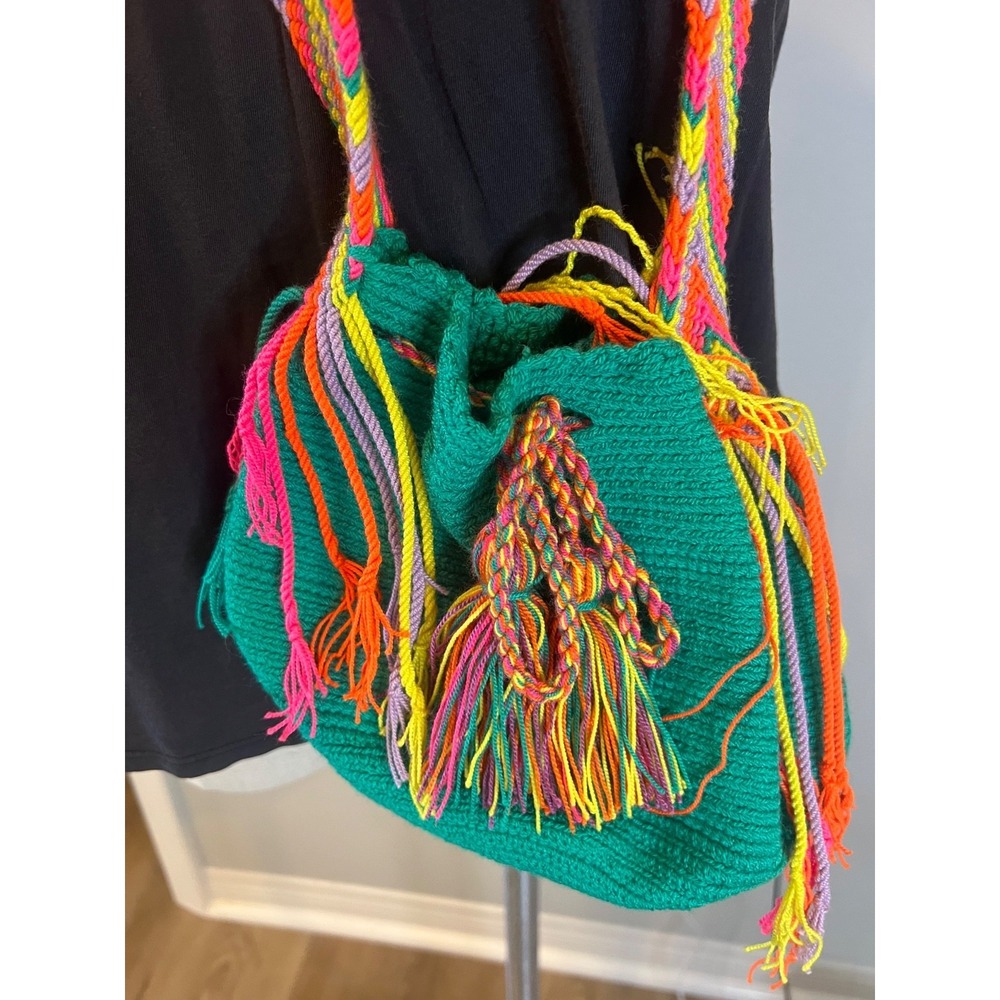 Handmadeβ Wayuu Mochila Crossbody Bucket Bag Green Multicolor Woven Tassel Boho